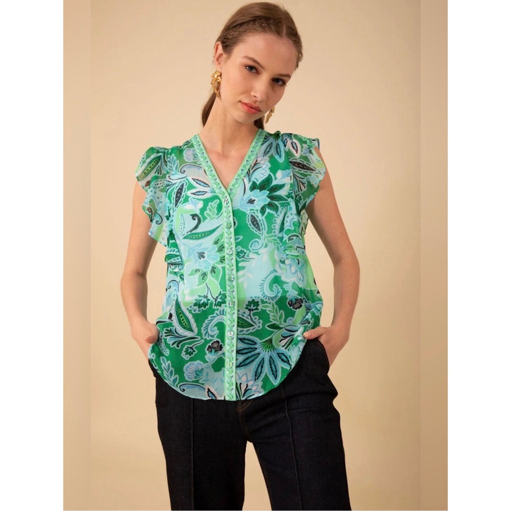 Hale Bob Margaret Floral Flutter Sleeve Blouse Size S Ruffle Sleeve Top